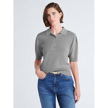 Free Assembly Women's and Women's Plus Collared Sweater Tee with Puff Sleeves, Lightweight, Sizes XS-4X