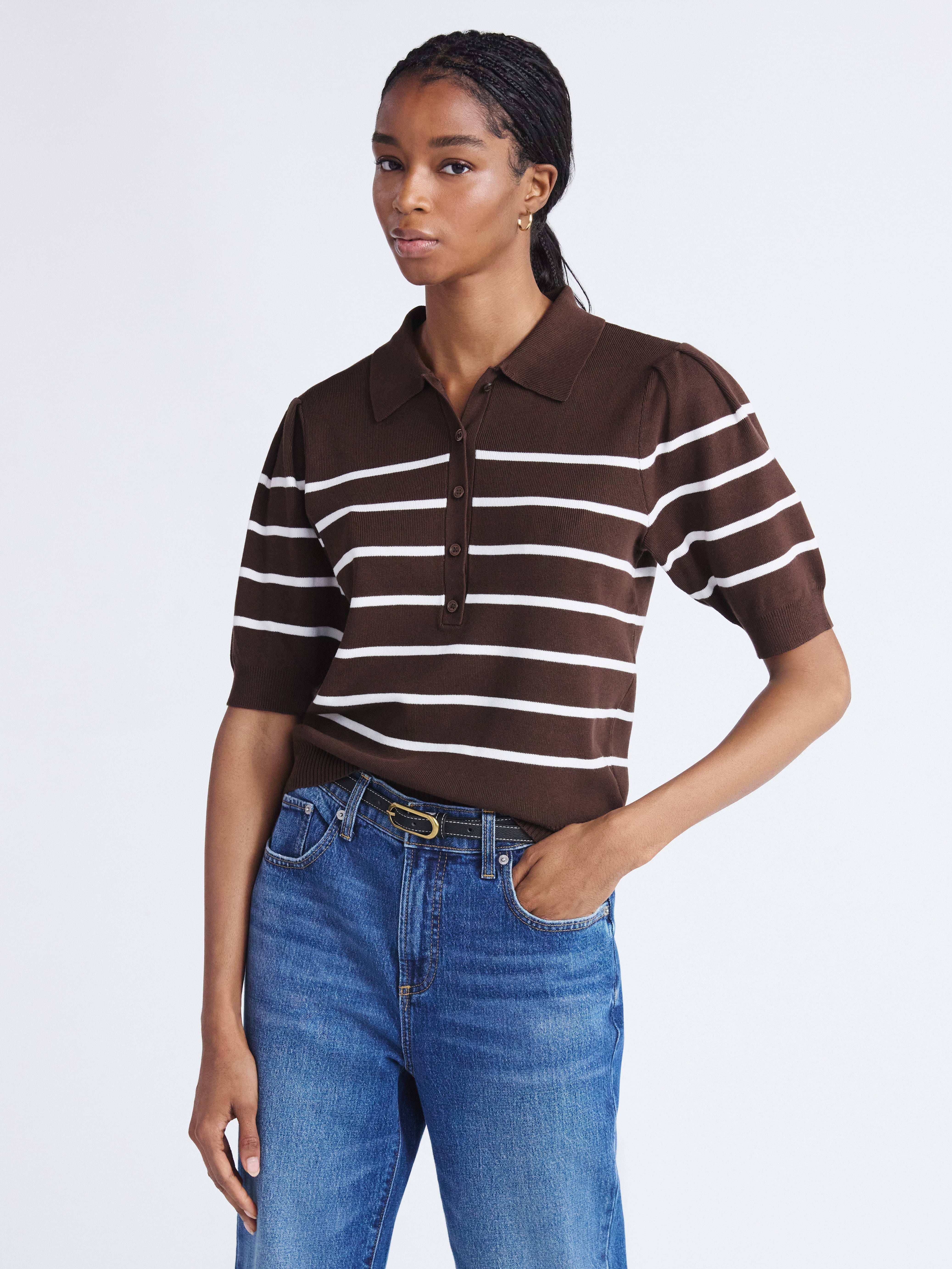 Free Assembly Women's and Women's Plus Collared Sweater Tee with Puff Sleeves, Lightweight, Sizes XS-4X