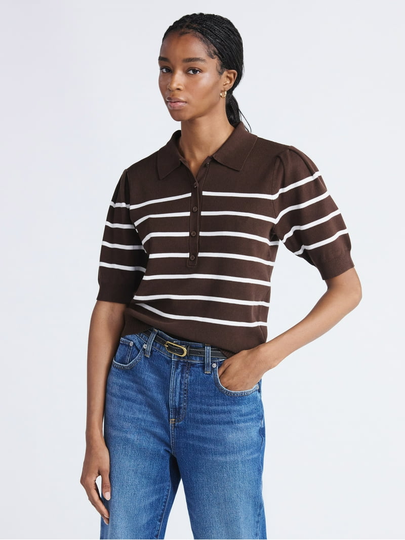 Free Assembly Women's Collared Sweater Tee with Puff Sleeves