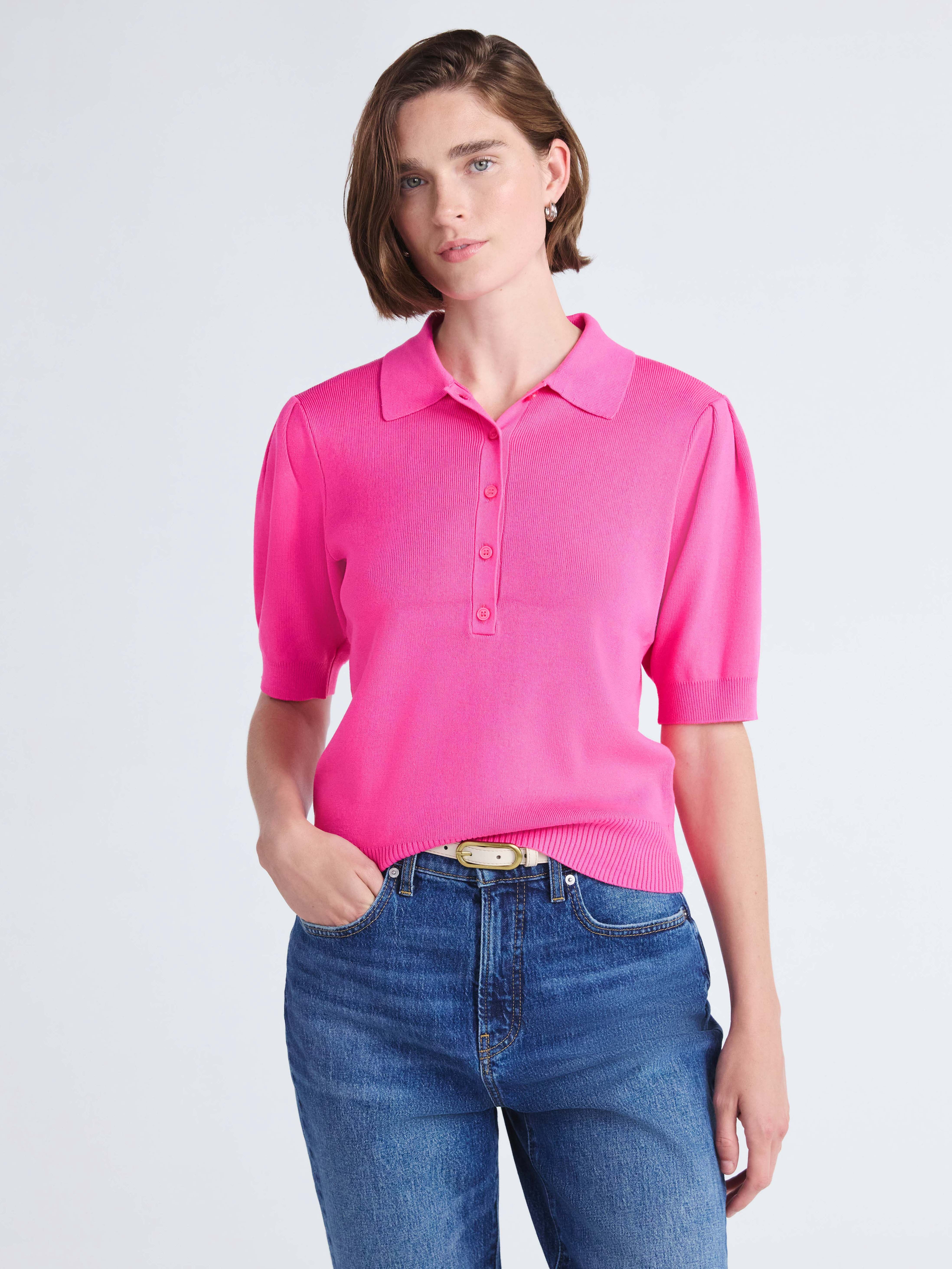 Free Assembly Women's and Women's Plus Collared Sweater Tee with Puff Sleeves, Lightweight, Sizes XS-4X