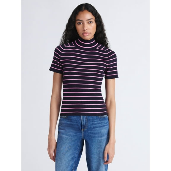 Free Assembly Women's Cozy Yarn Mock Neck Sweater with Short Sleeves, Lightweight, Sizes XS-XXL