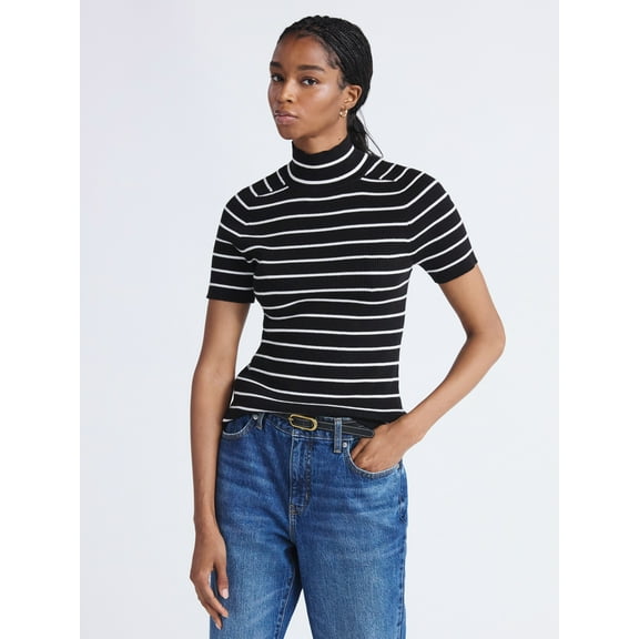 Free Assembly Women's Cozy Yarn Mock Neck Sweater with Short Sleeves, Lightweight, Sizes XS-XXL