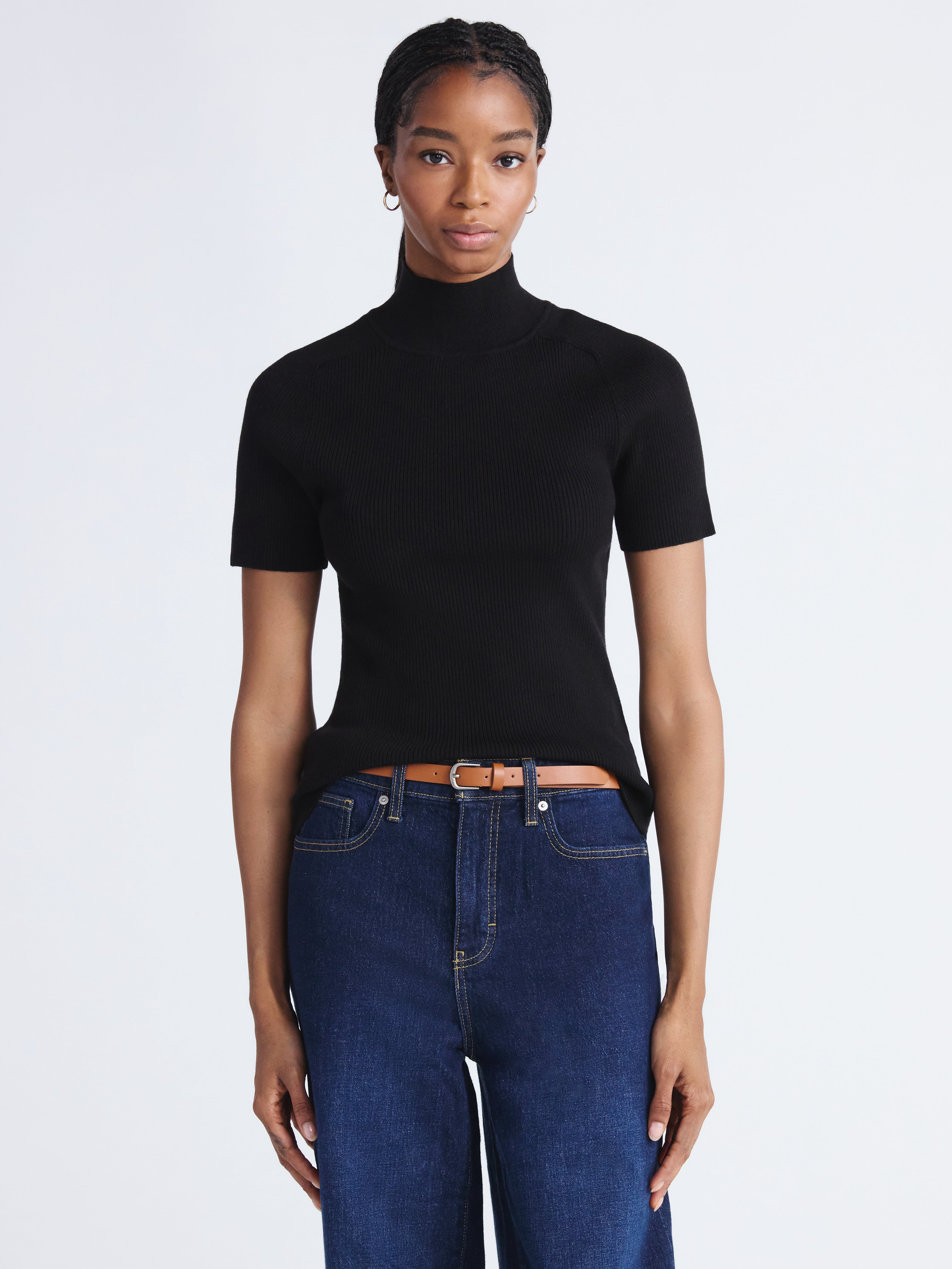 Free Assembly Women's Cozy Yarn Mock Neck Sweater with Short Sleeves, Lightweight, Sizes XS-XXL