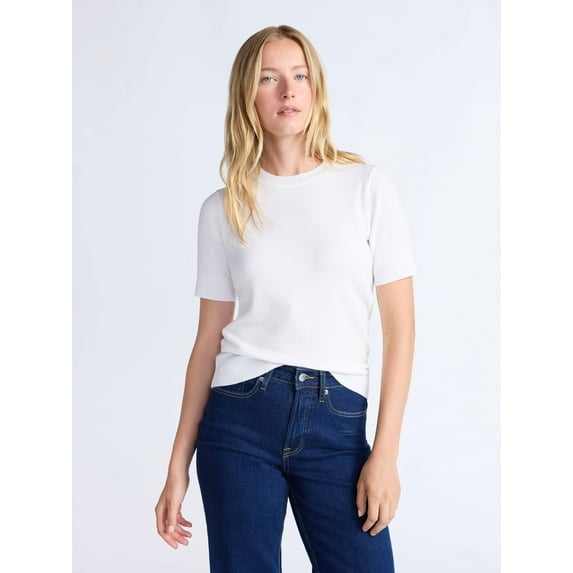 Free Assembly Women's and Women's Plus Cozy Yarn Shrunken Sweater Tee with Short Sleeves, Solid & Print, Lightweight, Sizes XS-4X