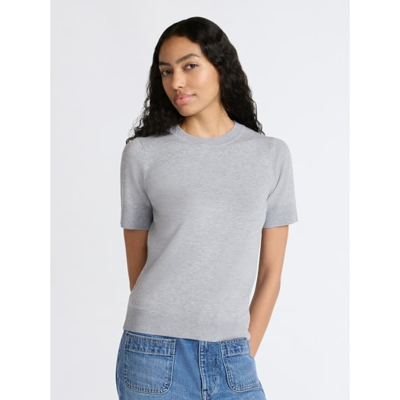 Free Assembly Women's and Women's Plus Cozy Yarn Shrunken Sweater Tee with Short Sleeves, Solid & Print, Lightweight, Sizes XS-4X
