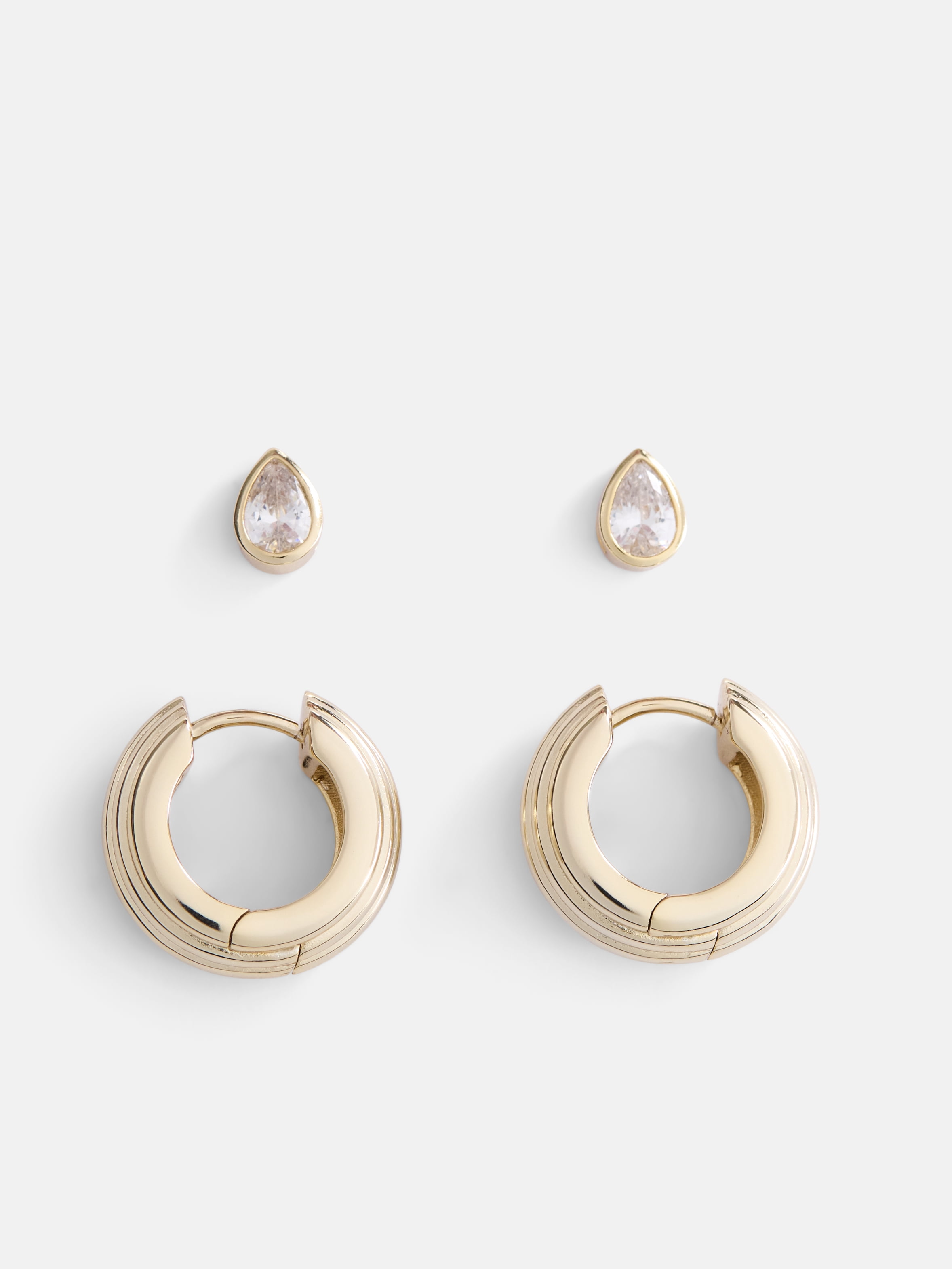 Free Assembly Women's Demi Fine 14K Gold Plated Cubic Zirconia Teardrop and Hoop Earring Set, 2-Pairs