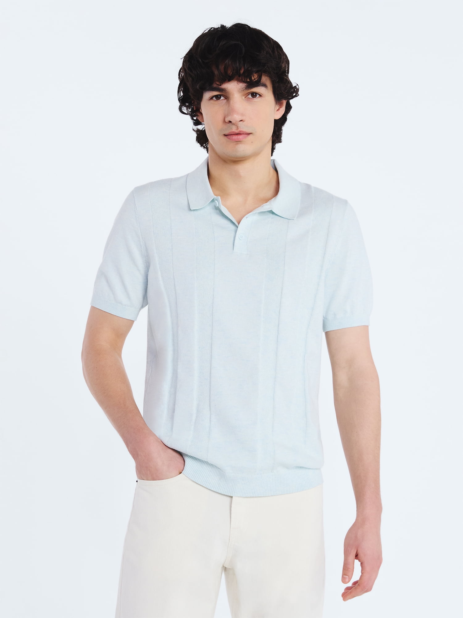 Free Assembly Men's Textured Stripe Polo Sweater with Short Sleeves, Sizes S-3XL