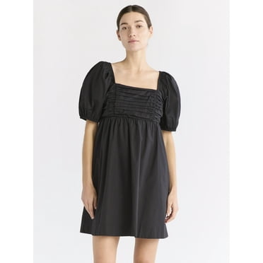 Free Assembly Women's Shirred Cotton Mini Dress with Puff Sleeves, Sizes XS-XXXL
