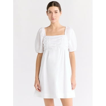 Free Assembly Women's Shirred Cotton Mini Dress with Puff Sleeves, Sizes XS-XXXL