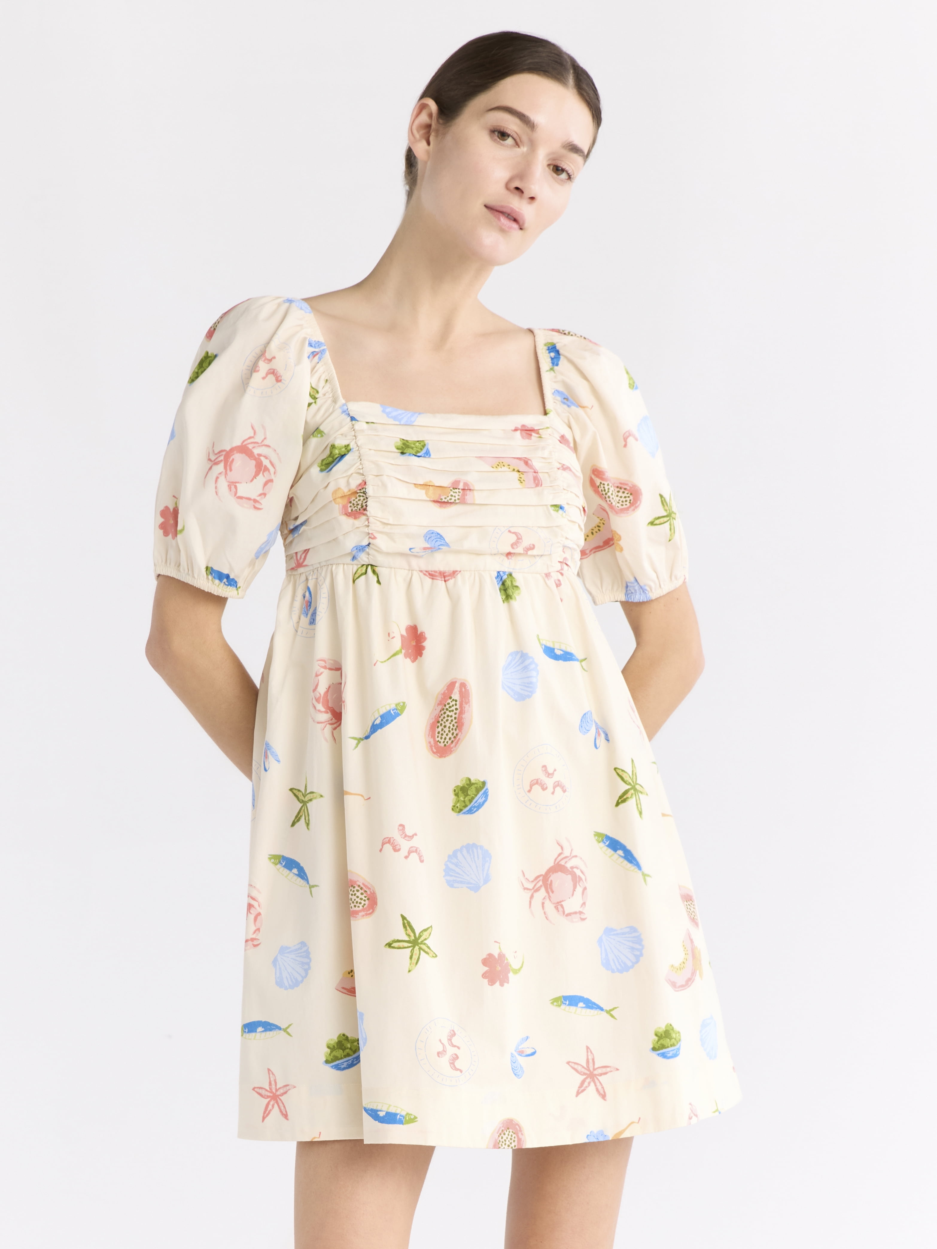Free Assembly Women's Shirred Cotton Mini Dress with Puff Sleeves, Sizes XS-XXXL
