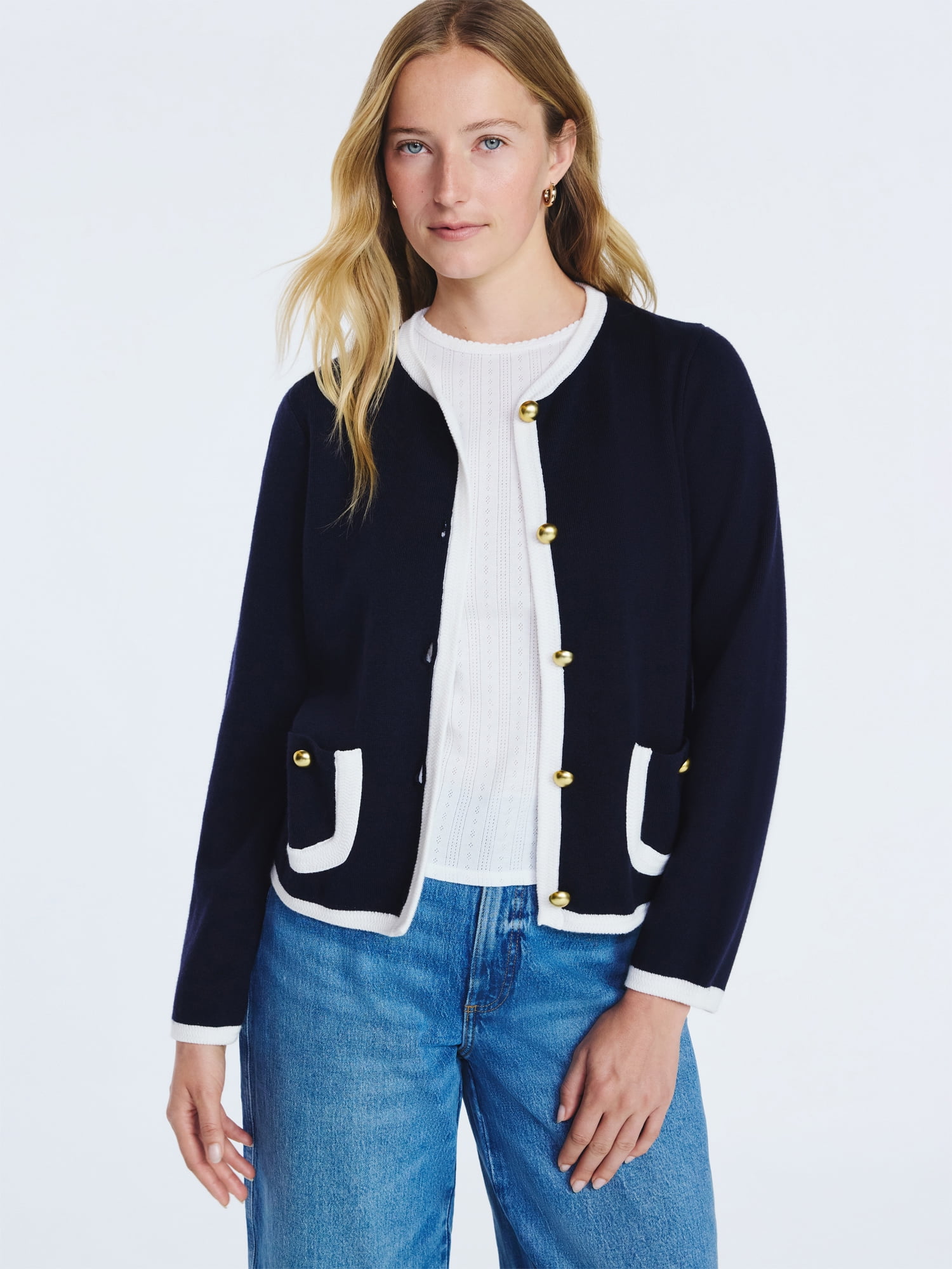Free Assembly Women's Tipped Patch Pocket Cardigan Sweater, Lightweight, Sizes XS-XXL