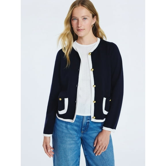 Free Assembly Women's Tipped Patch Pocket Cardigan Sweater, Lightweight, Sizes XS-XXL