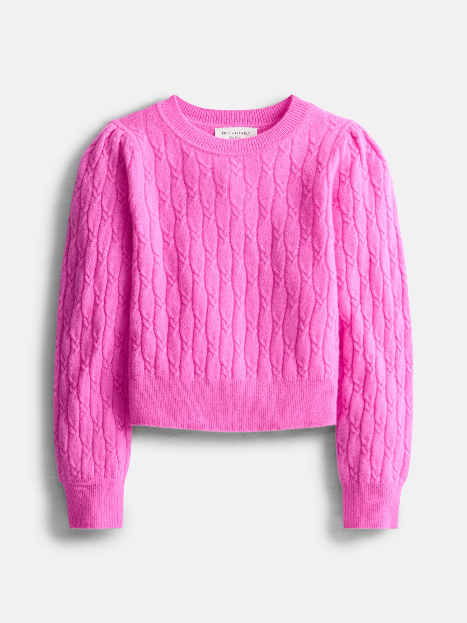 Free Assembly Toddler and Kids Cable Knit Cashmere Sweater with Puff Sleeves, Sizes 2T-5T and 6-12