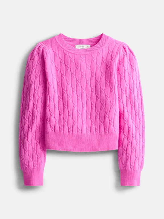 Toddler and Kids Cable Knit Cashmere Sweater with Puff Sleeves, Sizes 2T-5T and 6-12