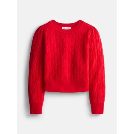 Free Assembly Toddler and Kids Cable Knit Cashmere Sweater with Puff Sleeves, Sizes 2T-5T and 6-12