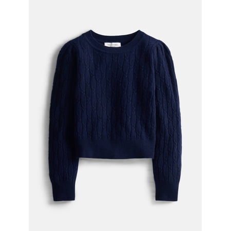Free Assembly Toddler and Kids Cable Knit Cashmere Sweater with Puff Sleeves, Sizes 2T-5T and 6-12