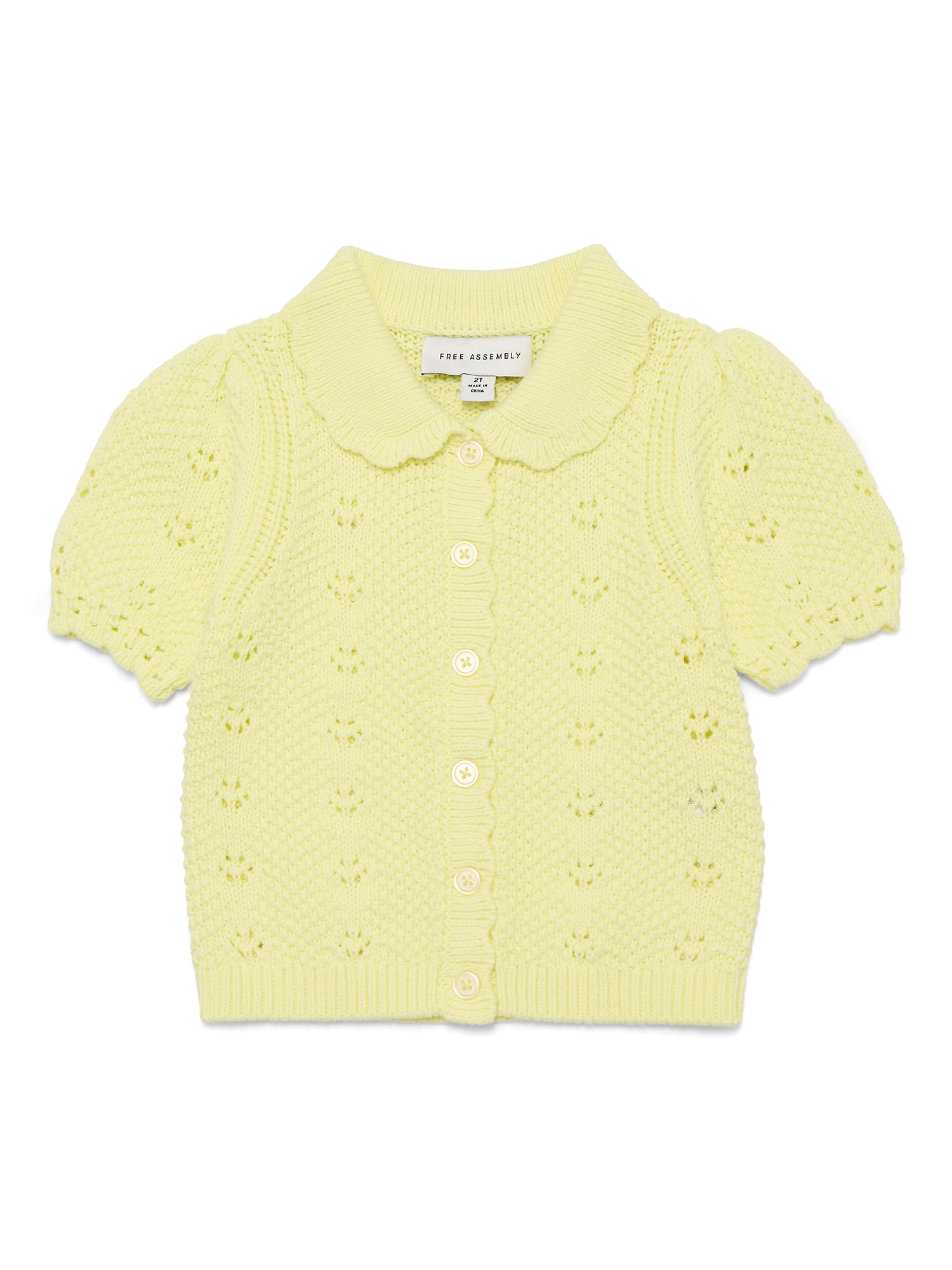 Free Assembly Kids and Toddler Cotton Pointelle Cardigan Sweater with Short Sleeves, Sizes 12M-3T and XS-XL