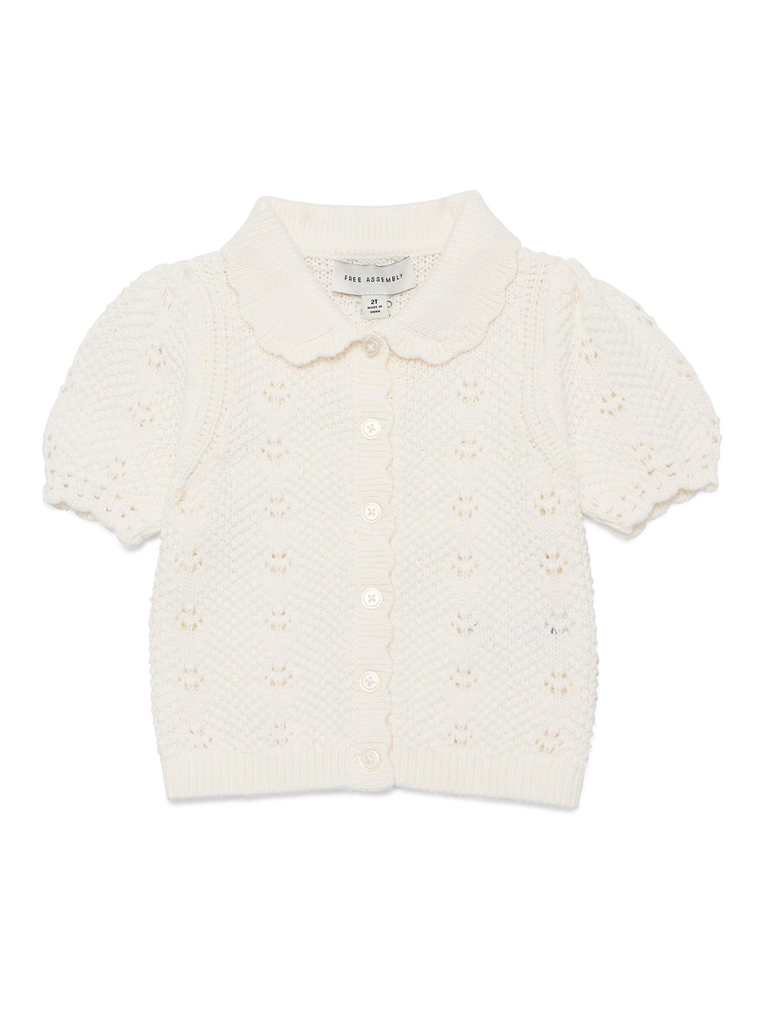 Free Assembly Kids and Toddler Cotton Pointelle Cardigan Sweater with Short Sleeves, Sizes 12M-3T and XS-XL