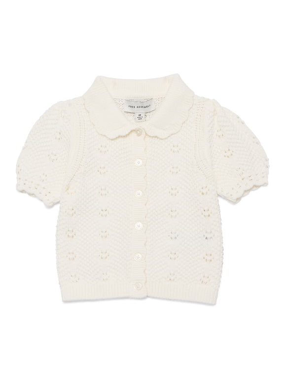 Kids and Toddler Cotton Pointelle Cardigan Sweater with Short Sleeves, Sizes 12M-3T and XS-XL