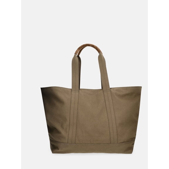Free Assembly Unisex Large Cotton Canvas Tote Bag with Leather Handles, Green