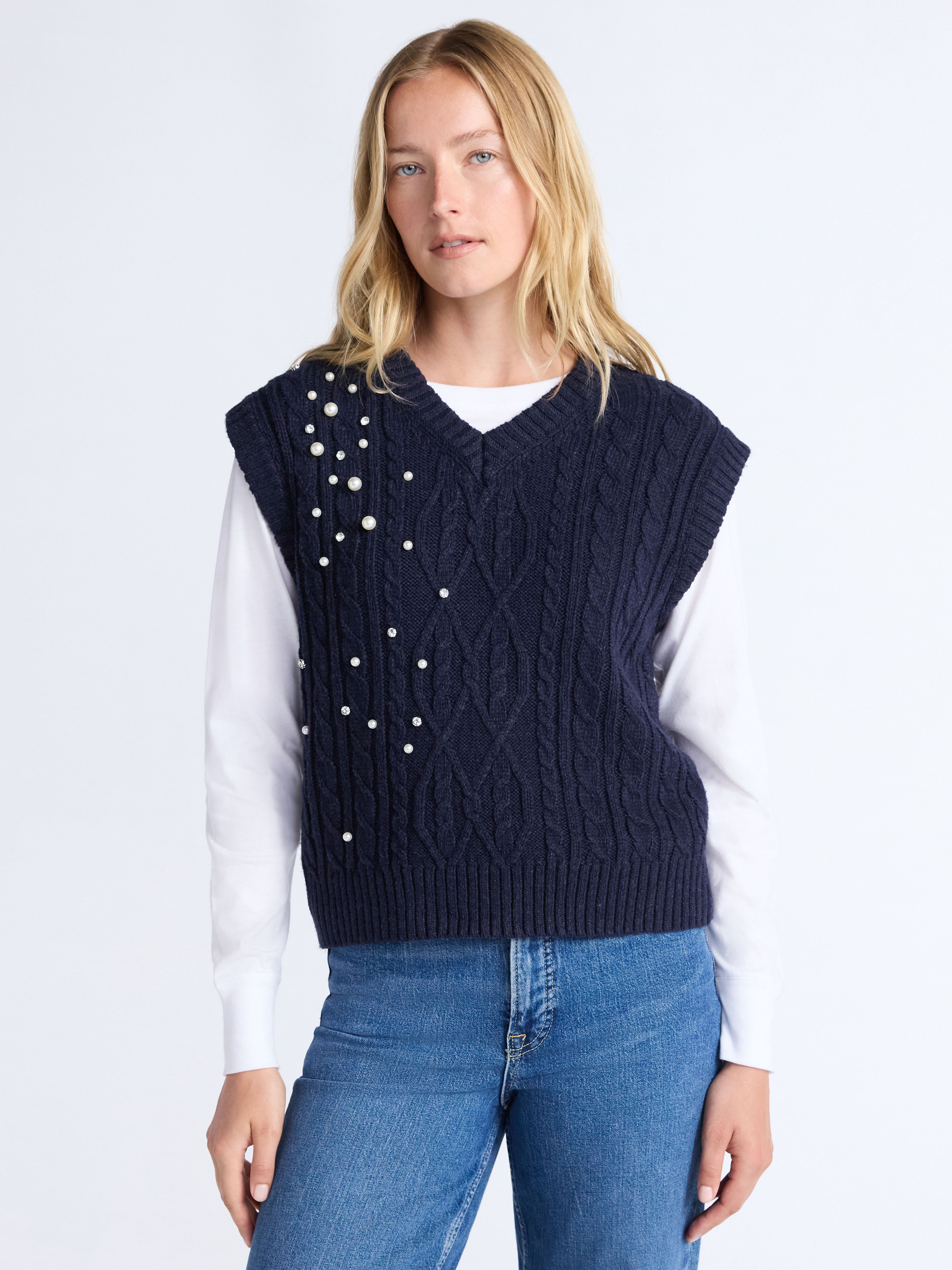 Free Assembly Women's Embellished V-Neck Cable Sweater Vest, Sizes