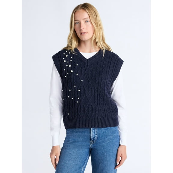 Free Assembly Women's Embellished V-Neck Cable Sweater Vest, Sizes XS-XXL