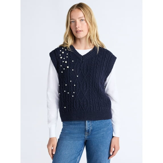 Free Assembly Women's Embellished V-Neck Cable Sweater Vest, Sizes XS-XXL