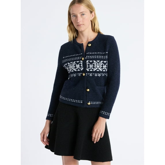 Free Assembly Women's and Women's Plus Fair Isle Cardigan with Welt Pockets, Midweight, Sizes XS-4X