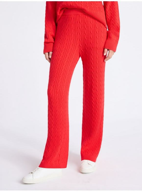 Women's Cozy Yarn Wide Leg Cable Knit Sweater Pants, Size XS-XXL