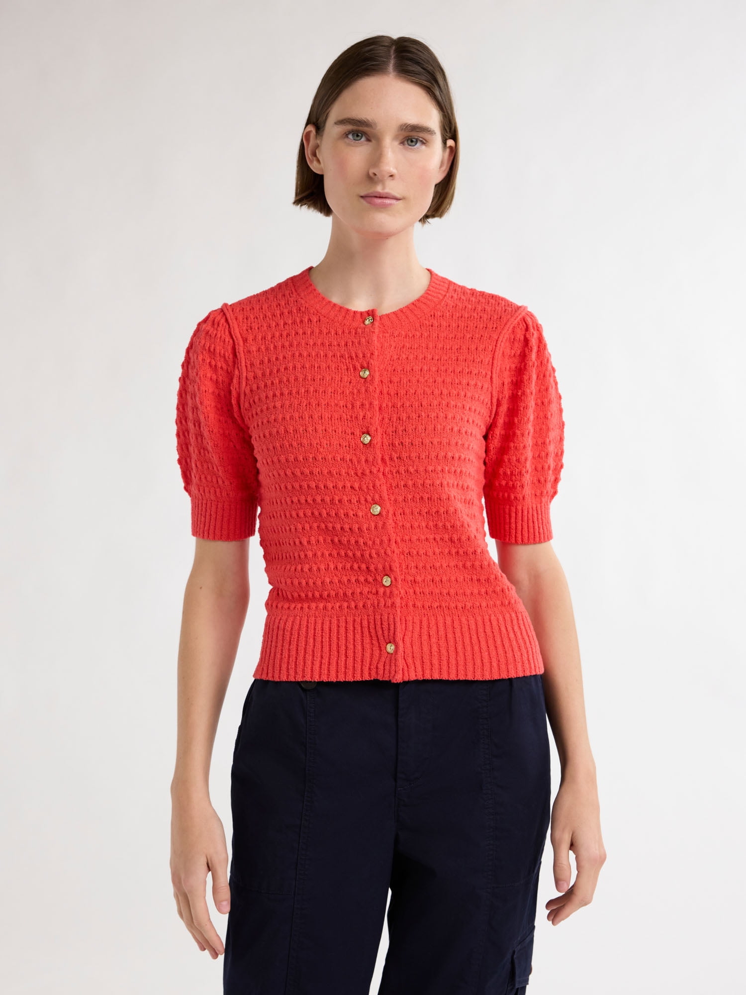 Free Assembly Women s Textured Cardigan Sweater with Short Puff Sleeves