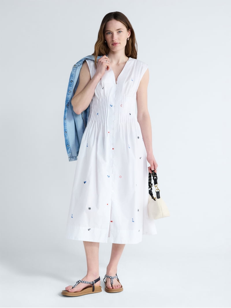 Free Assembly Women's Sleeveless Embroidered Cotton V-Neck Midi Dress, Sizes Xs-xxl, Size: Large, White