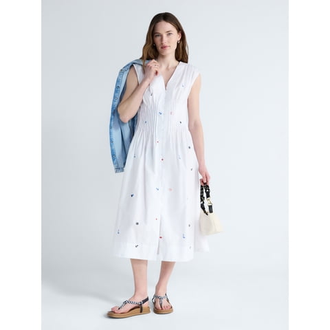 Women's Sleeveless Embroidered Cotton V-Neck Midi Dress, Sizes XS-XXL
