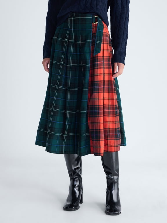 Women' and Women's Plus Belted Pleated Plaid Cotton Midi Skirt, Sizes XS-4X