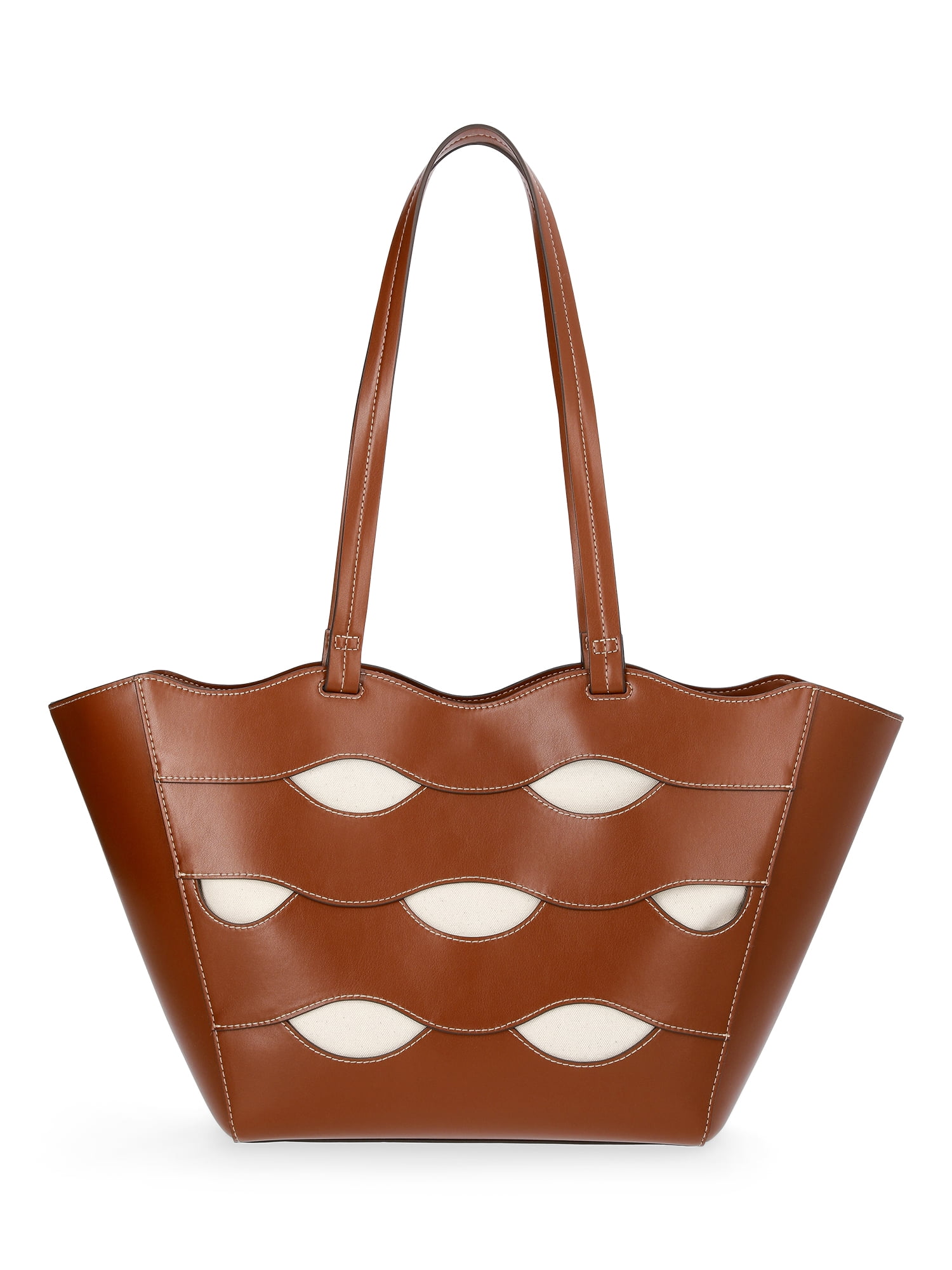 Free Assembly Women's Allegra Faux Leather Cut Out Tote Handbag, Cognac/Cream