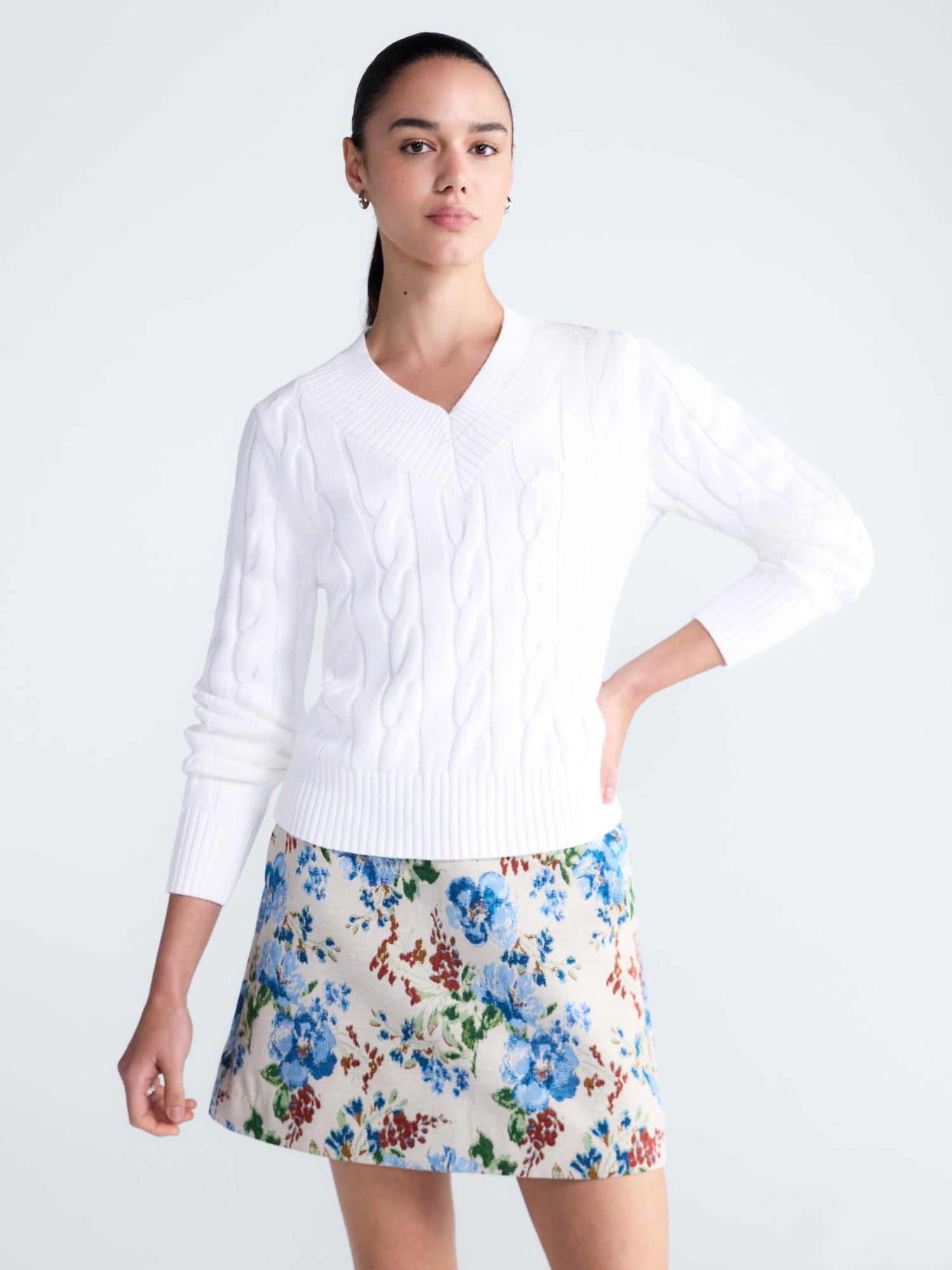 Free Assembly Women's and Women's Plus Cotton Cable Knit Sweater, Midweight, Sizes XS-4X