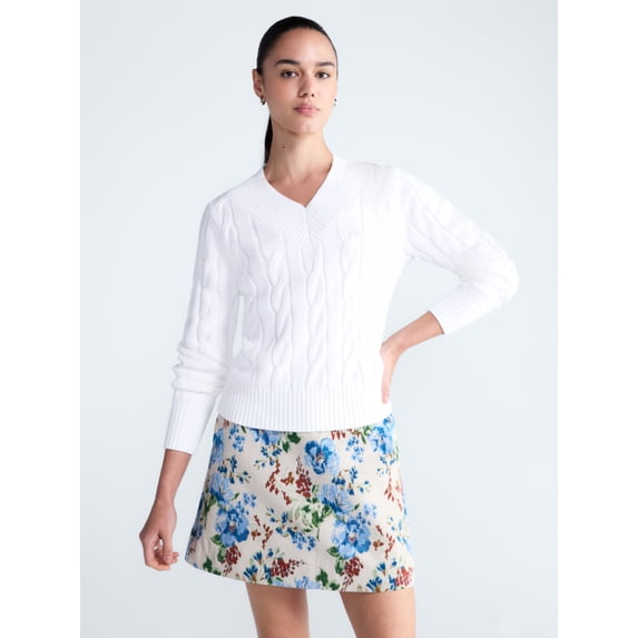 Free Assembly Women's and Women's Plus Cotton Cable Knit Sweater, Midweight, Sizes XS-4X