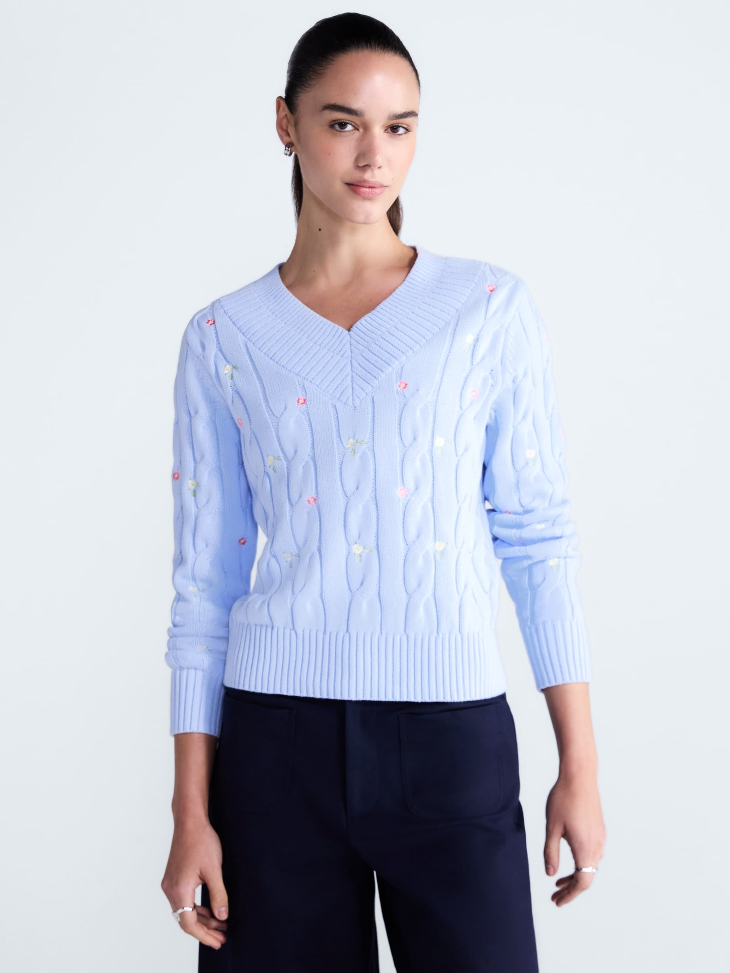 Free Assembly Women's and Women's Plus Cotton Cable Knit Sweater, Midweight, Sizes XS-4X