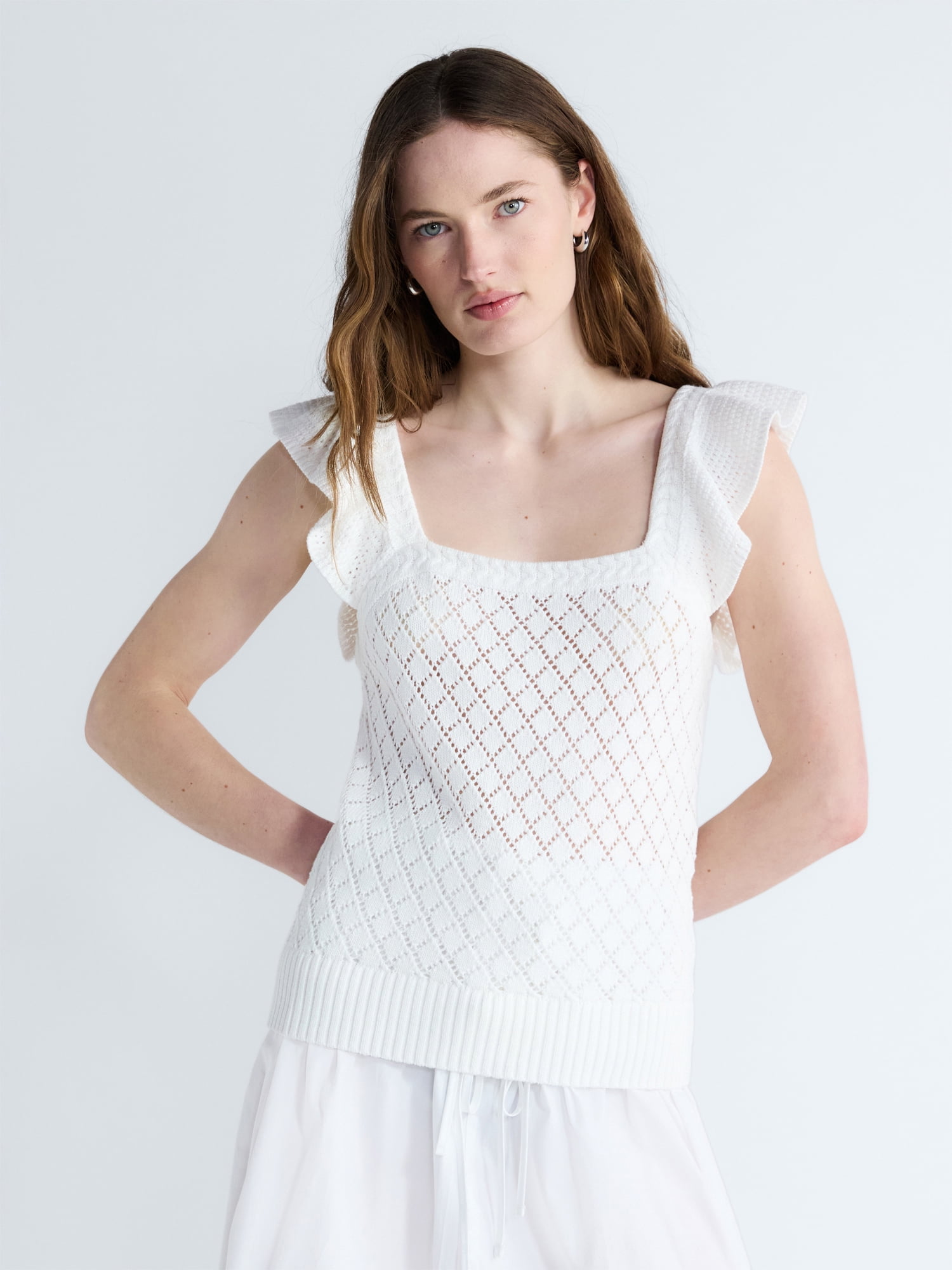 Free Assembly Women's and Women's Plus Square Neck Cotton Sweater with Flutter Sleeves, Sizes XS-4X