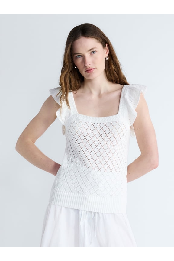Women's and Women's Plus Square Neck Cotton Sweater with Flutter Sleeves, Sizes XS-4X