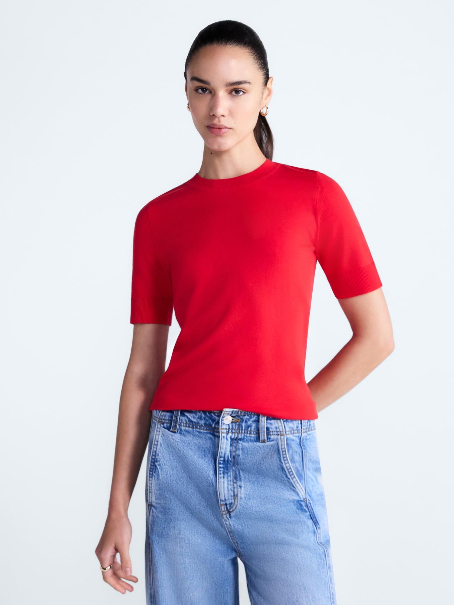 Free Assembly Women's and Women's Plus Cozy Yarn Sweater Tee with Short Sleeves, Sizes XS-4X