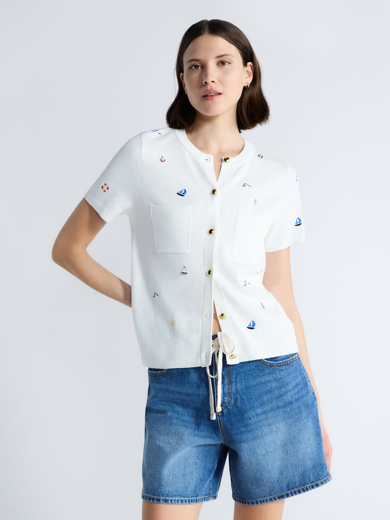 Free Assembly Women's and Women's Plus Embroidered Cardigan Sweater with Short Sleeves, Sizes XS-XXL