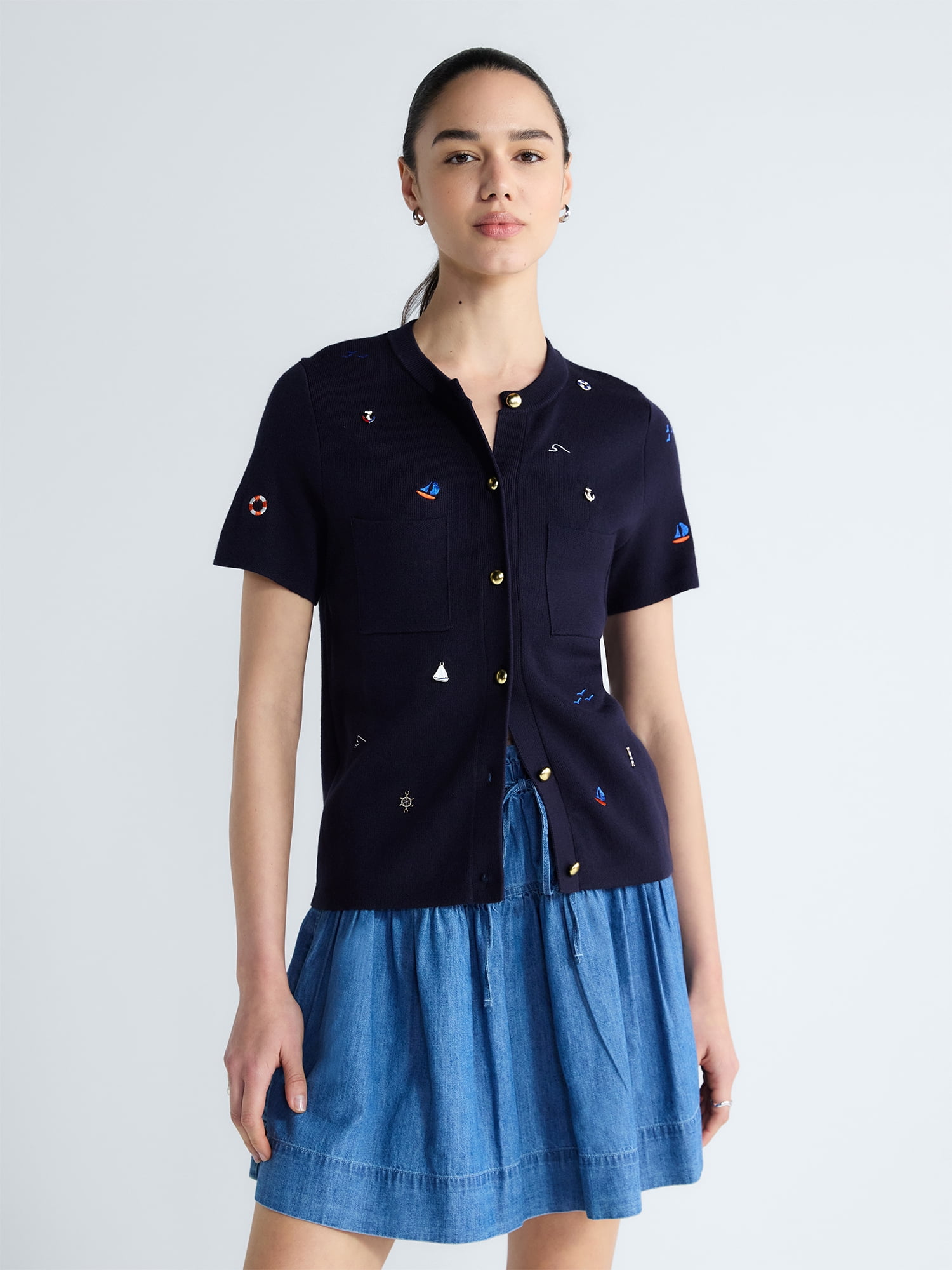 Free Assembly Women's and Women's Plus Embroidered Cardigan Sweater with Short Sleeves, Sizes XS-4X