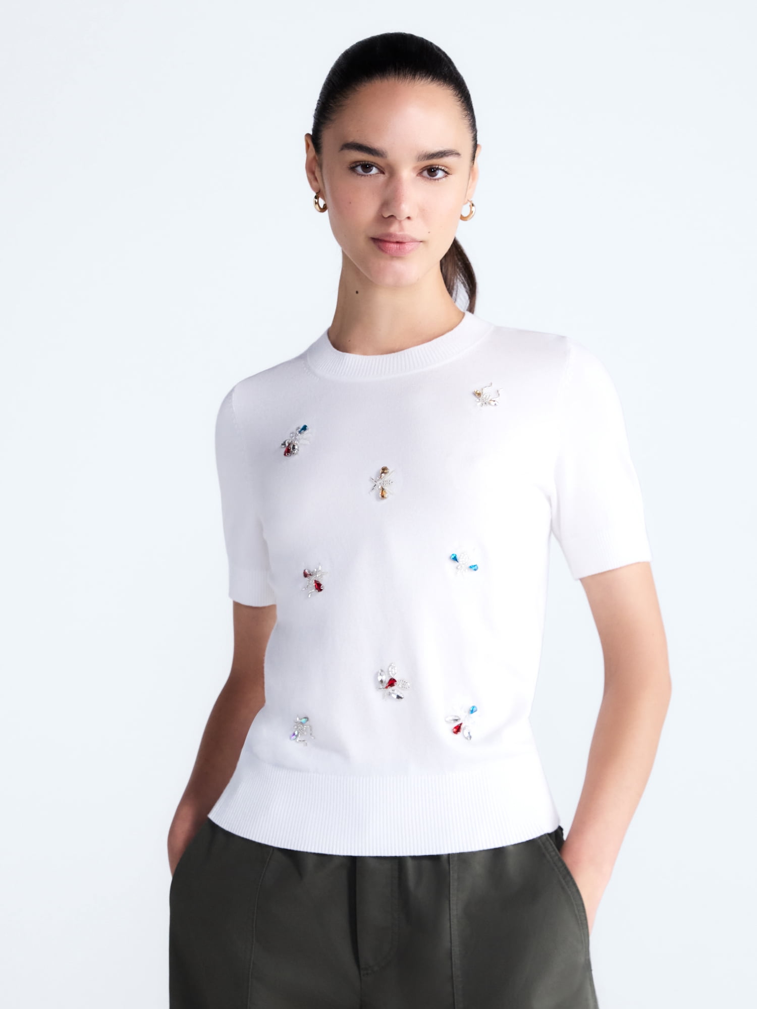 Free Assembly Women's and Women's Plus Embellished Cozy Yarn Sweater with Short Sleeves, Sizes XS-4X