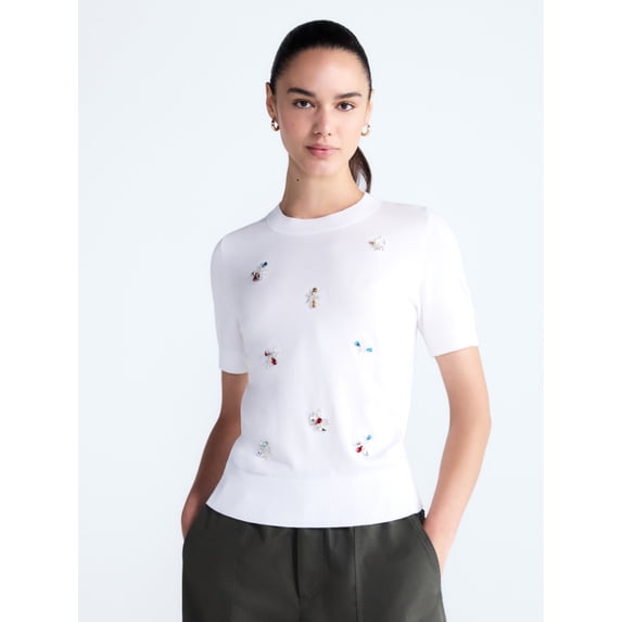 Free Assembly Women's and Women's Plus Embellished Cozy Yarn Sweater with Short Sleeves, Sizes XS-4X