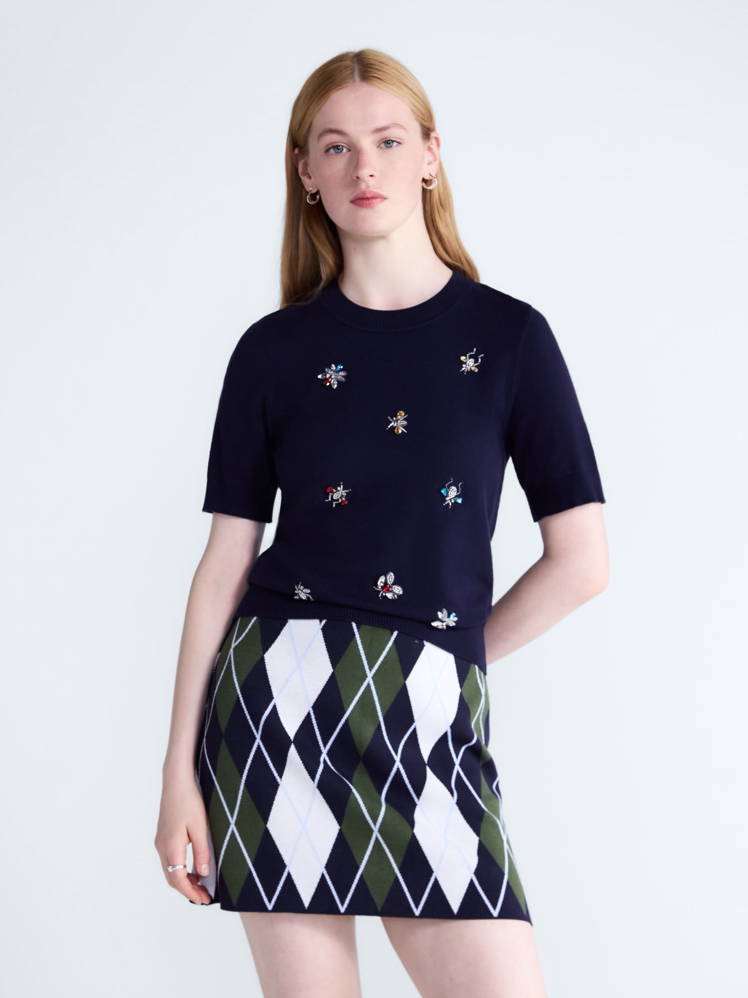 Free Assembly Women's and Women's Plus Embellished Cozy Yarn Sweater with Short Sleeves, Sizes XS-4X