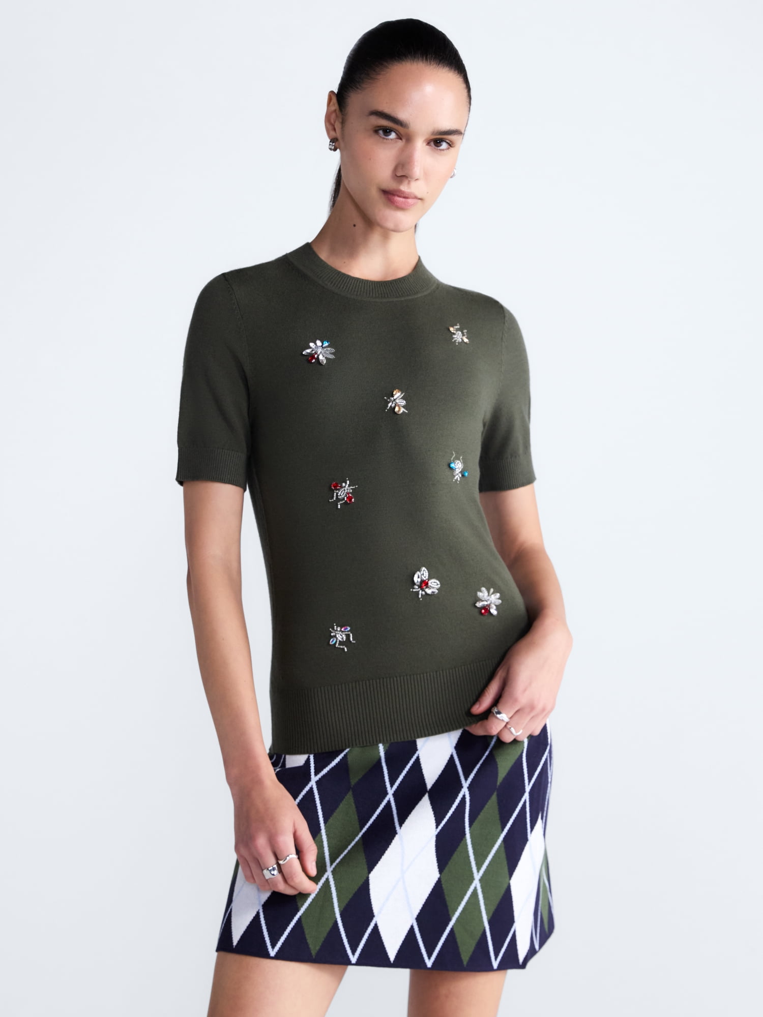 Free Assembly Women's and Women's Plus Embellished Cozy Yarn Sweater with Short Sleeves, Sizes XS-4X