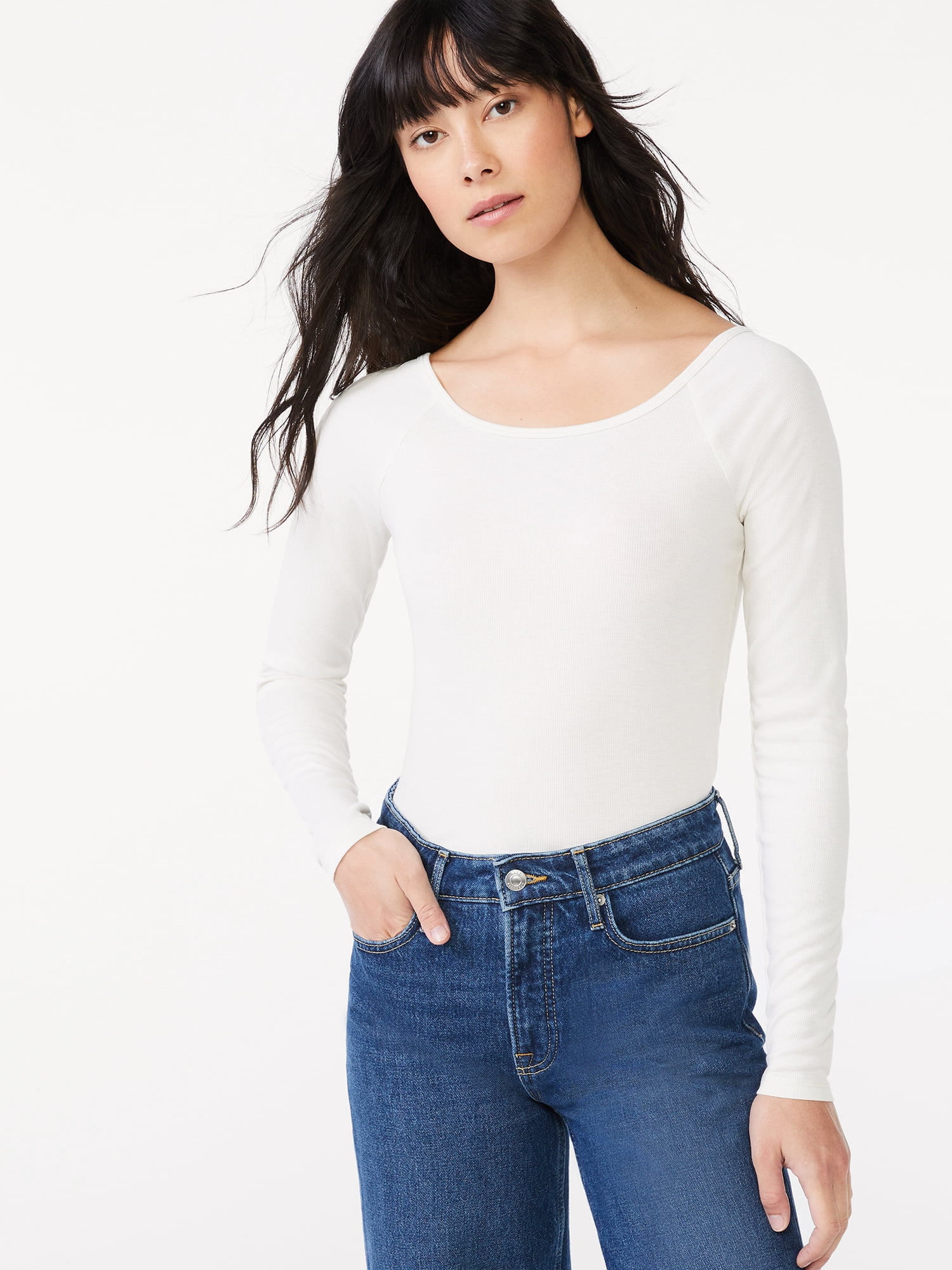 Free Assembly Women's Ballet Neck Bodysuit with Long Sleeves