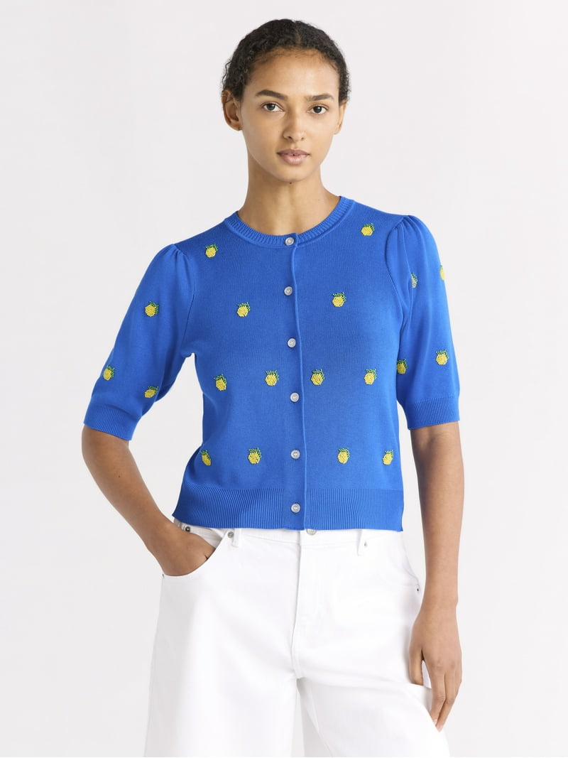 Free Assembly Women's Beaded Cardigan Sweater with Puff Sleeves, Lightweight, Size XS-XXL