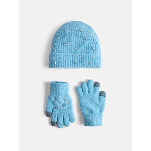 Free Assembly Women's Embellished Beanie Hat and Gloves Set, 2-Piece, Cirrus Blue