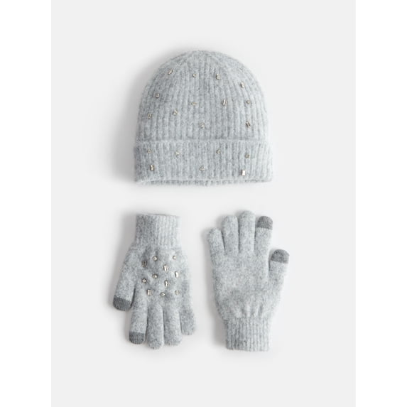 Free Assembly Women's Embellished Beanie Hat and Gloves Set, 2-Piece, Light Grey Heather
